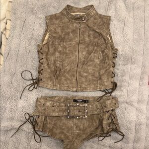 Jade Tan Faux Leather Vest with Buckle short set
